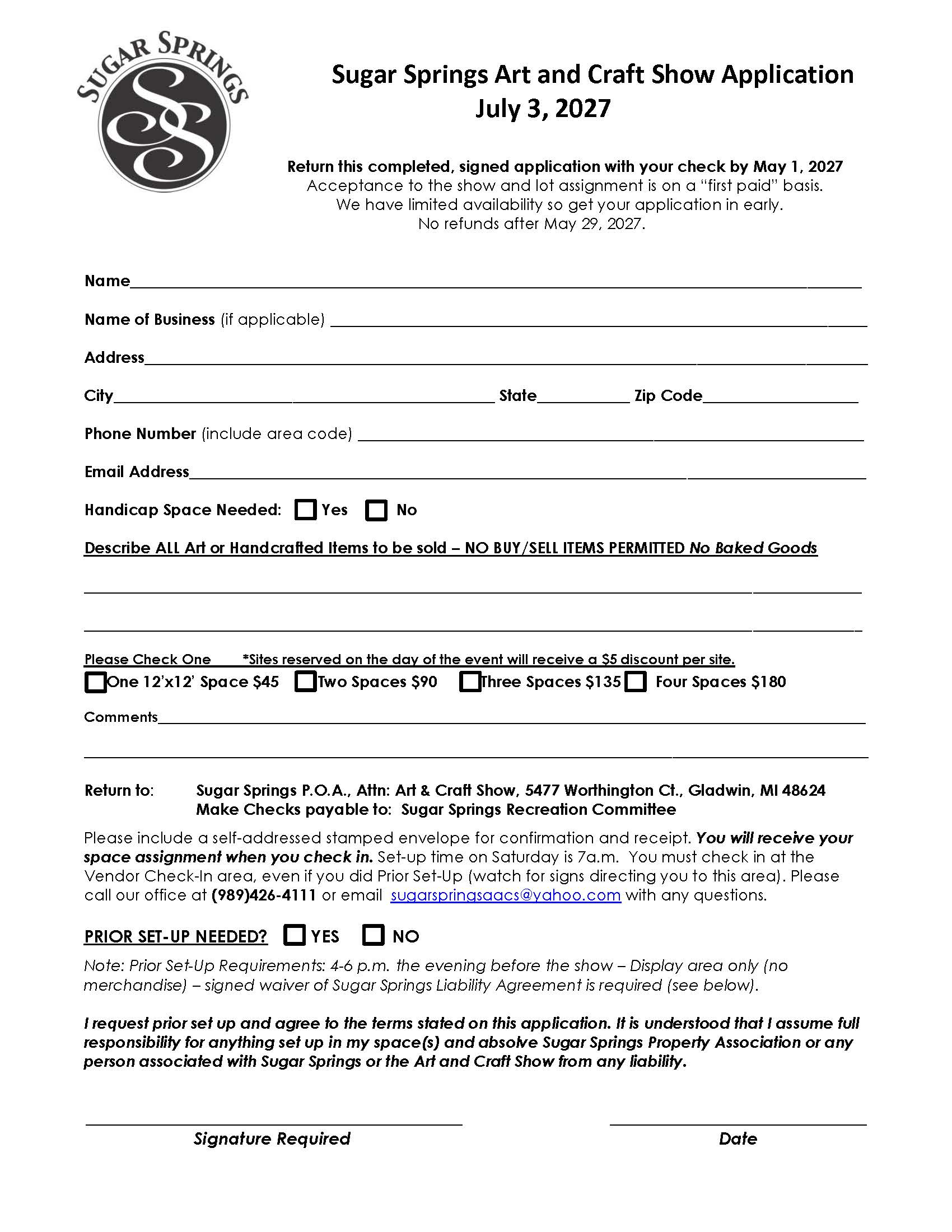 SSPOA_Art_Craft_Show_Vendor_Application_2027 Craft Fair Vendor Application